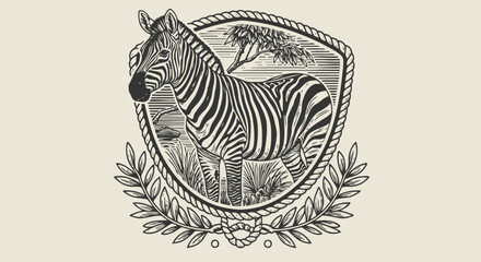 Fototapeta premium Vintage zebra illustration with decorative floral frame and shield, detailed black and white art