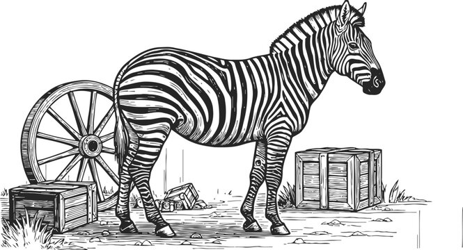 Zebra standing near old wooden wagon wheel and crates in rustic outdoor scene