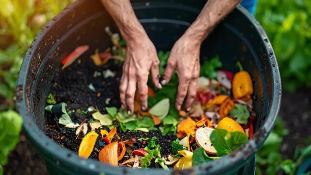 Hands mixing organic waste in a compost bin for sustainable gardening