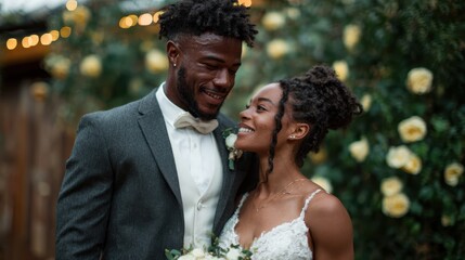 A beautiful couple smiles at each other during their wedding ceremony surrounded by dreamy flowers, capturing the essence of love and commitment on their special day.