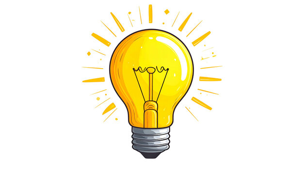 A luminous, cartoon-style lightbulb glows brightly against a stark black backdrop, radiating yellow beams symbolizing brilliance