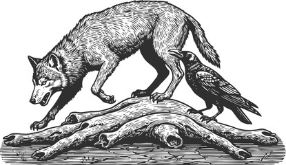 Fototapeta premium Wolf and crow interaction on a fallen tree branch wildlife nature scene in black and white engraving
