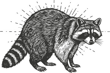 Naklejka premium Detailed raccoon illustration with textured fur and glowing lines in monochrome design