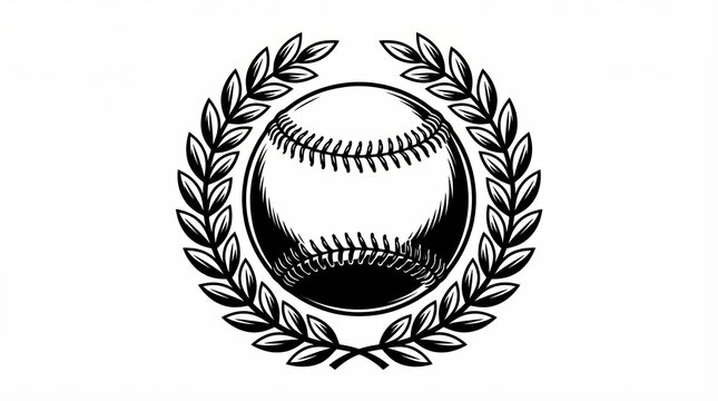 baseball surrounded by a laurel wreath, blending sports theme with classic decorative elements sketch