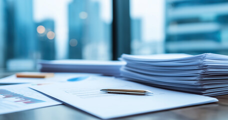 Thick stacked business documents with a resting pen sit before a blurred modern office window.