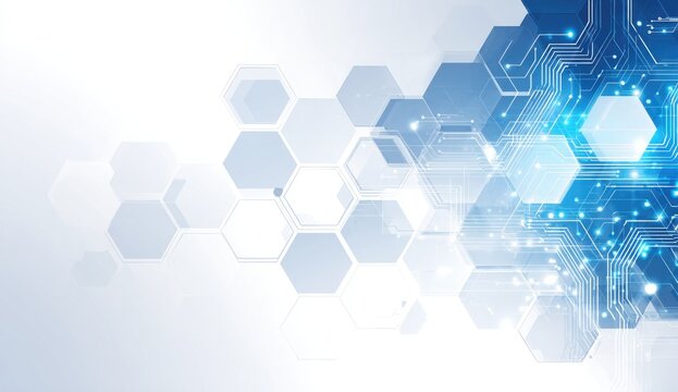 Digital graphic features blue circuitry and glowing hexagonal shapes on a white background