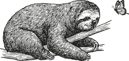 Fototapeta premium Sloth resting on tree branch watching butterfly hand drawn wildlife animal sketch with nature insect