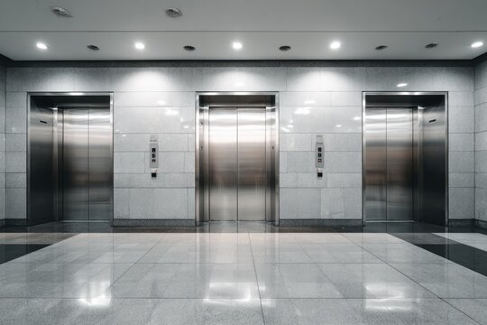 Three stainless-steel elevators with closed doors in a well-lit office building lobby
