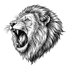 Lion head roaring with sharp fangs and mane, black and white ink drawing illustration. featuring wild animal, predator, big cat with teeth and mouth © Carlos