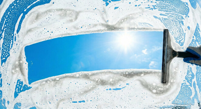 Hand in glove cleaning a soapy window with squeegee under bright sun.