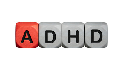 cubes with the word Adhd. Care concept.close up of wooden elements,Business Concept.Supports PNG files with transparent backgrounds.