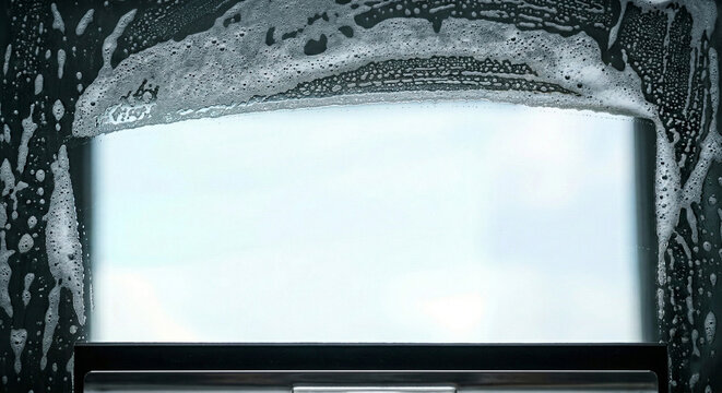 Close up view of soapy window being cleaned with a clear section.