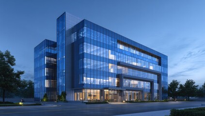 Fototapeta premium Modern architectural rendering of a multi-story building, blue glass facade, night scene