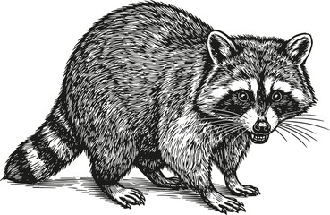 Naklejka premium Detailed black and white raccoon illustration wild animal with striped tail in vintage engraving