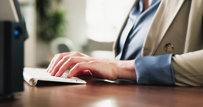 Hands, person and typing with computer in office for research, email editor and editing story. Journalist, pc and proofreading on keyboard, draft update and copywriting report for article publication