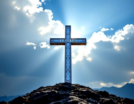 An imposing cross standing atop a rocky hill against the backdrop of a clear blue sky dotted with fl