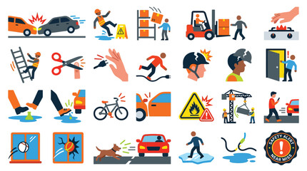 Collection of safety warning icons illustrating various workplace and everyday hazards, including accidents, injuries, and dangerous situations. © GJ