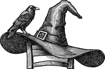 Fototapeta premium Vintage witch hat on a chair with a perched raven, spooky halloween illustration in black and white