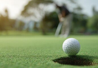 Obraz premium Close-up of golf ball near the hole, golfer blurred in the background, daytime, sunny outdoors