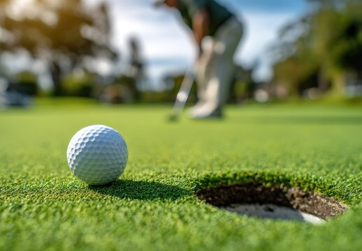 A close-up view of a golf ball next to the hole on a green, with a golfer in the background