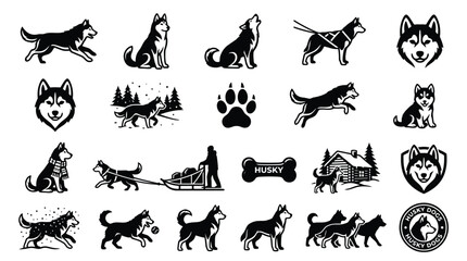 Collection of Siberian Husky dog illustrations in various poses and activities, including sledding, howling, and playing. © GJ