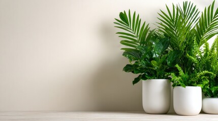 A serene display of vibrant green indoor plants in modern white pots, enhancing the aesthetic appeal of the space while promoting a sense of tranquility and connection to nature.