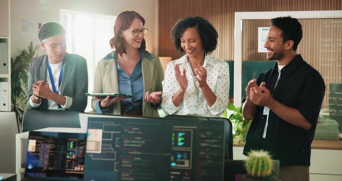 Happy, business people or applause with team for programming, good news or app success. Excited, group or developers clapping with technology for cybersecurity system or winning together in workplace
