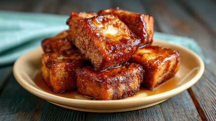 A plate stacked high with crispy and golden fried tofu cubes, glistening with sauce, providing a tantalizing look to a delicious vegetarian dish waiting to be enjoyed.