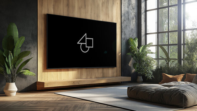 Home Wooden Interior TV Mockup 3 &ndash; Modern Living Room Television Screen Display, Cozy Wood Texture Design, Realistic Smart TV Branding Presentation Template