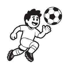 A black and white cartoon illustration of a boy juggling a soccer ball