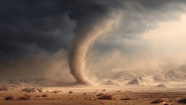 A towering dust devil dominates a vast desert landscape under a turbulent, stormy sky
