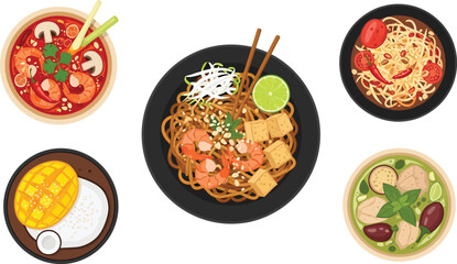 Thai food collection featuring tom yum goong pad thai mango sticky rice green curry and papaya salad top view illustration © MDMUKTADIR