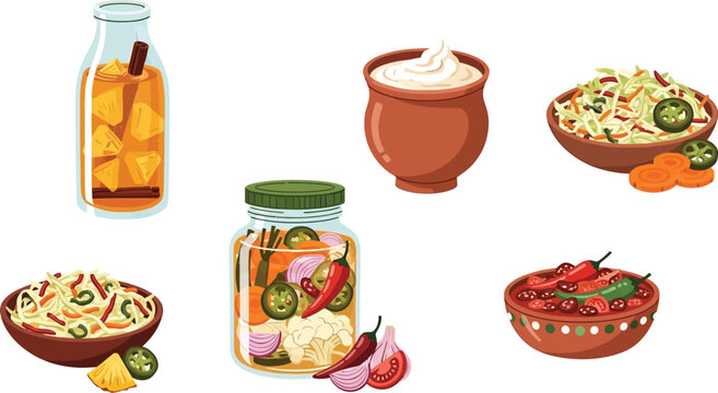 Traditional latin american condiments including tepache pineapple drink pickled vegetables curtido slaw and spicy salsa