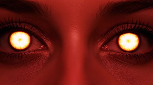 Woman with glowing eyes looking directly at the viewer in red light  