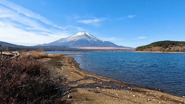Lake Yamanaka or Yamanakako in Yamanashi Prefecture near Mount Fuji, Japan. Lake Yamanaka is the largest of the Fuji Five Lakes in clearly day and sky in Autumn Winter Season. Travel Nature Stable Foo