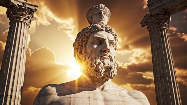 Majestic Ancient Greek God Statue with Stone Column Against a Dramatic Sunset Sky