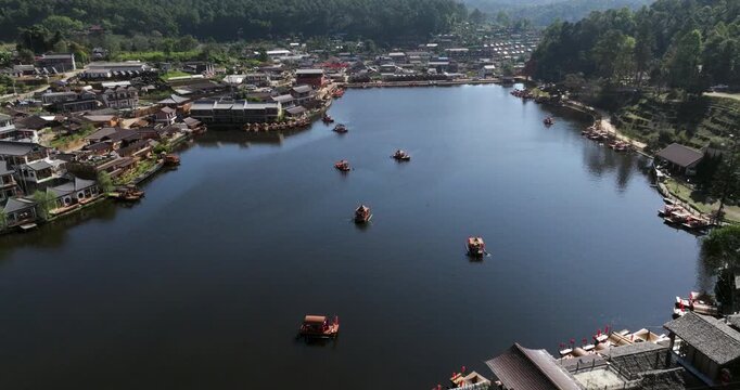Traditional Chinese-style Wooden Boats (lantern boats) At Ban Rak Thai In Mae Hong Son Province, Thailand. Aerial Shot