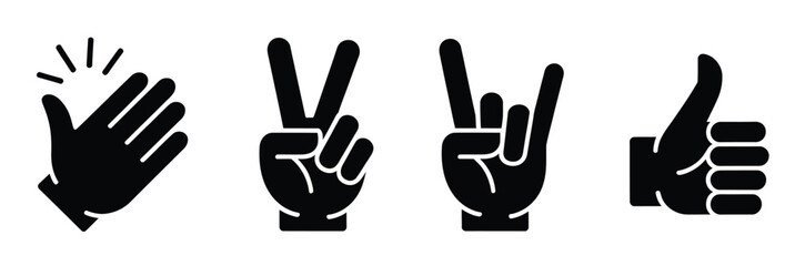 Obraz premium Hand gestures pack, featuring silhouette icons of clapping hands, peace sign, rock horns, and thumbs up symbols for communication and digital interface use.
