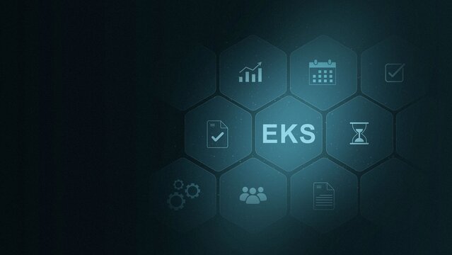 Digital EKS concept. EKS, elastic Kubernetes service, cloud computing, containerization. Business, modern technology, with gears and social media icons. digital interface on cyan color background