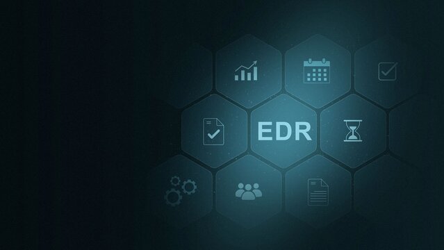 EDR acronym, endpoint detection and response software concept. Business, modern technology, with gears and social media icons. digital interface on cyan color background
