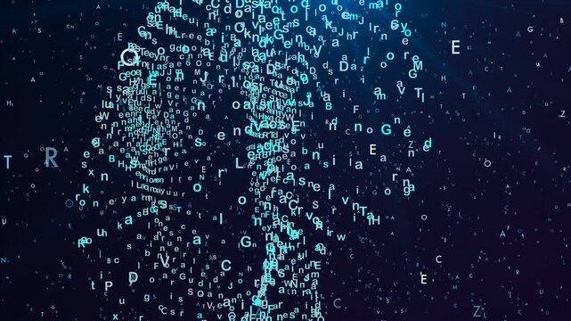 Morphing motion of drifting letters and symbols undulating in a digital void. Concept for information overload, cloud computing, and encryption.