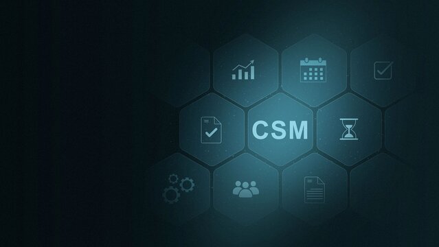 CSM acronym, customer success manager concept, business, modern technology, internet and social media icons. digital interface on cyan color background. and 3d illustration