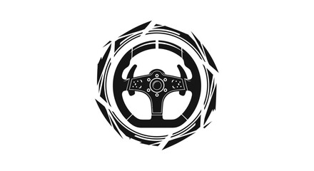 Monochrome vector illustration of a racing steering wheel emblem. © Haroh
