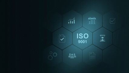 QMS, ISO 9001 Quality Management System concept. Certified and quality management of organizations Businessman using smartphone to choose ISO 9001. digital interface and 3d illustration