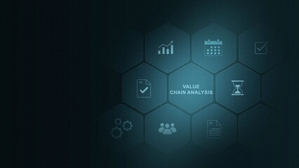 Fototapeta premium Value chain analysis displayed on a futuristic blue and technology interface, Business, Internet and network concept data transfer to multi devices. digital interface. and 3d illustration