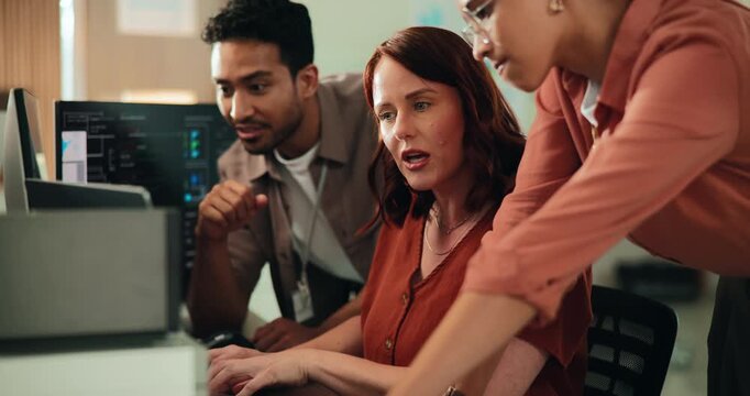 Business people, computer and programming with team for coding or app discussion in office. Group, employees or colleagues with technology or staff for cybersecurity or software development together