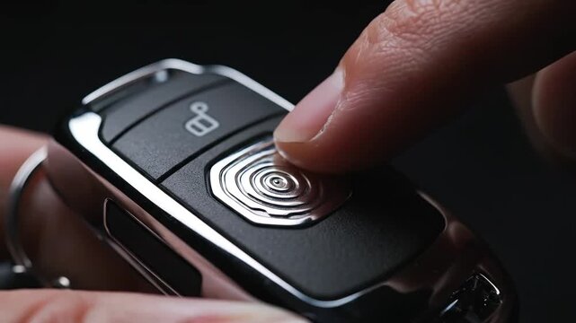 In a dimly lit space, a hand delicately presses a sleek key fob button, showcasing its intricate design and reflecting the allure of cutting-edge technology.