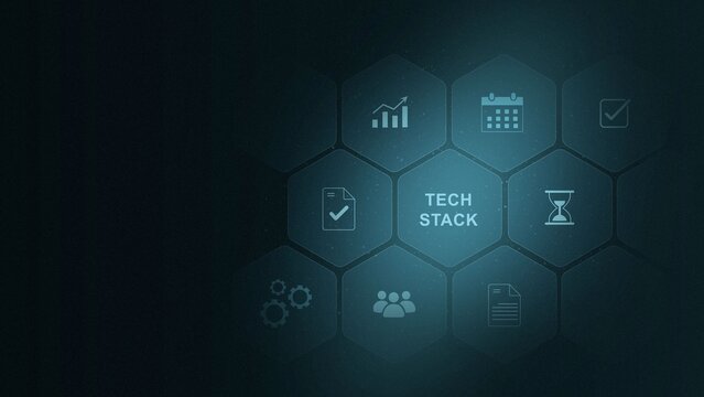 tech stack Concept with Modern Technology, Data Analytics and Futuristic Business Graphics. Asymptotic smart data analytic. digital interface on cyan color background. and 3d illustration