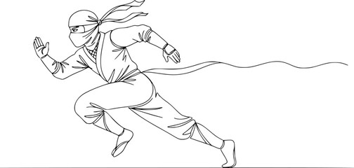 A minimalist line drawing depicts a ninja in mid-stride, running dynamically