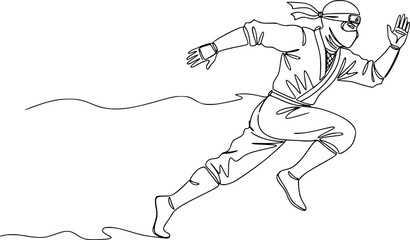 A minimalist line drawing depicts a ninja in mid-stride, running dynamically